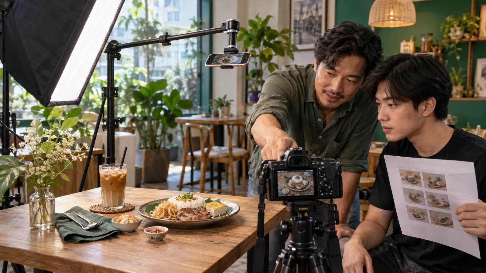 Giảng viên kèm 1:1 học viên trên set quay món ăn