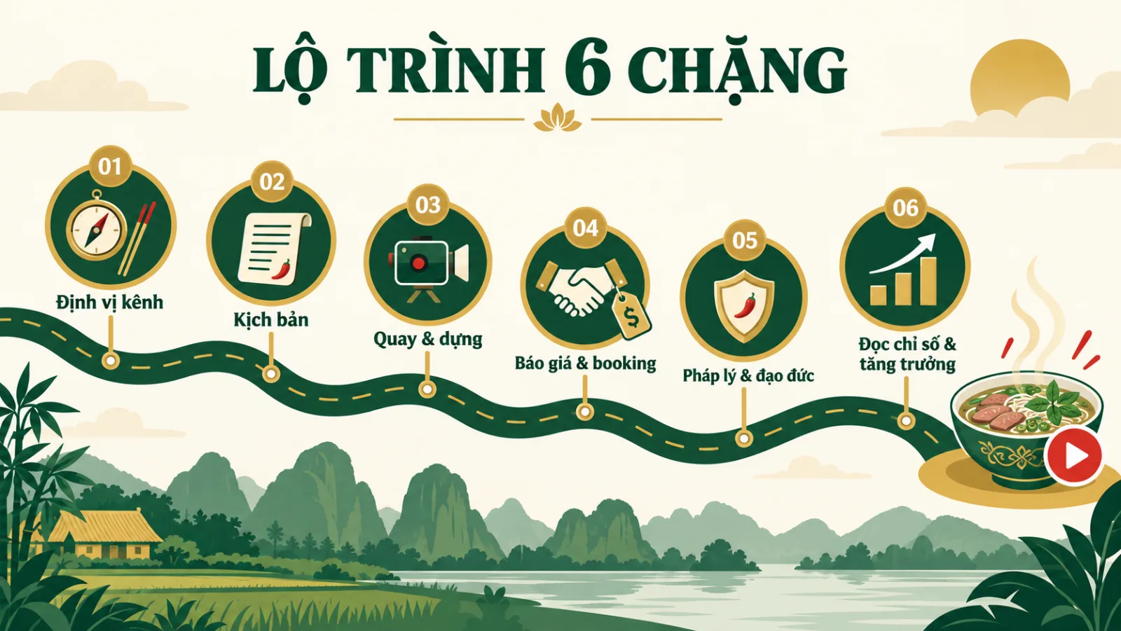 Lộ trình 6 chặng của khóa học Xây Kênh Food Review Thực Chiến